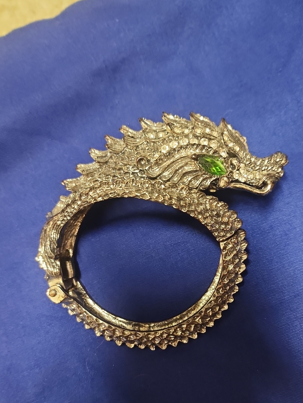 Dragon Statement Bracelet Silvertone Green + Clear Stones EUC